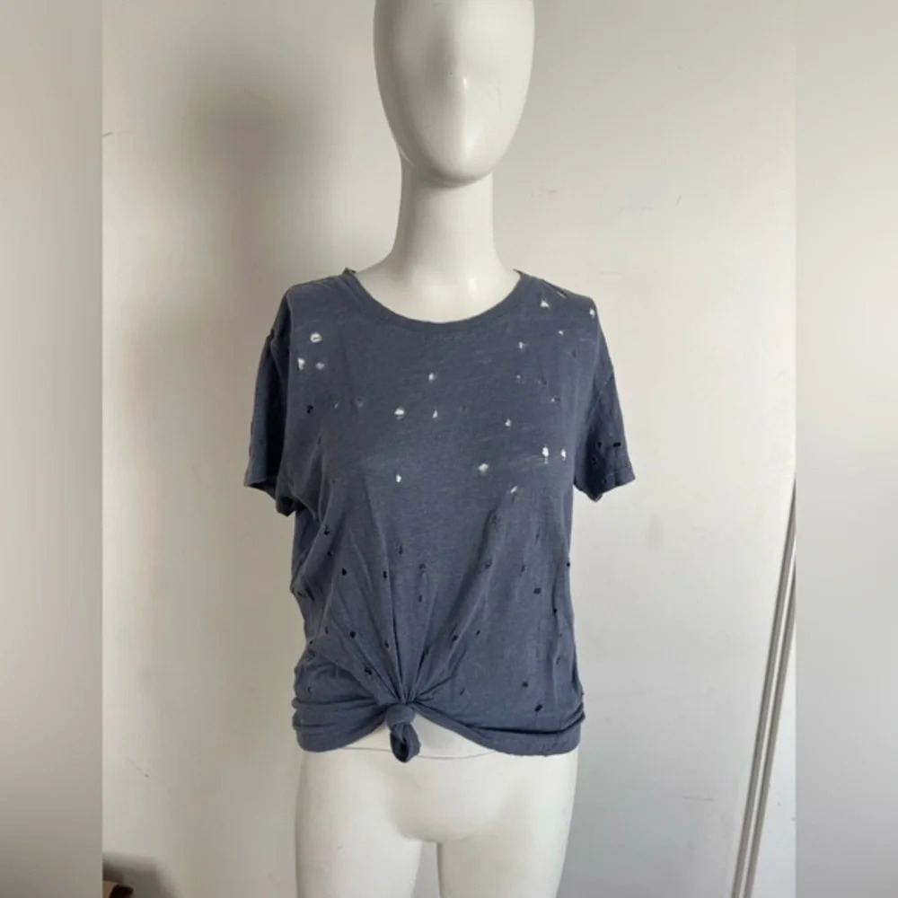 IRO Womens Short Sleeve Distressed Crew Neck Shirt Gray Size Small